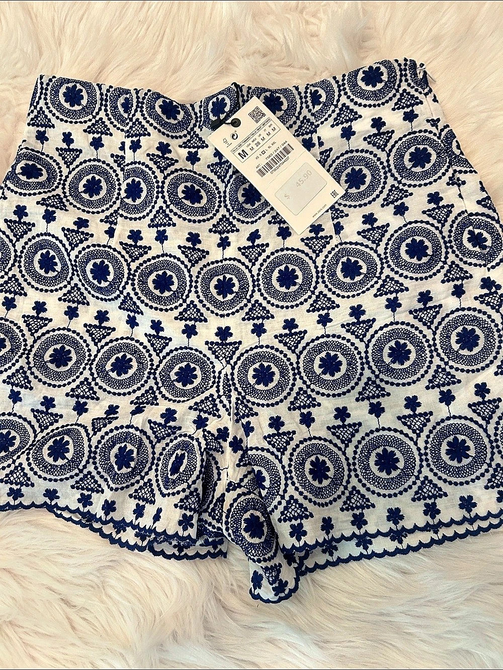 Zara Embroidered Shorts High Waist Blue & White Medium